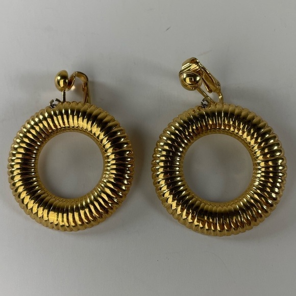 Gold Ribbed Hoop Clip On Earrings - Picture 5 of 9